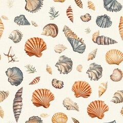 Fototapeta premium Vintage Summer seashell pattern on vintage beige fabric background, seamless repeating pattern, textile print style, minimal, Summer design, seamless seashell pattern, home decor, 