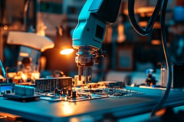 A robotic arm carefully examines a circuit board in a dimly lit workshop. The blend of technology and craftsmanship shines through. Explore innovation and precision. Generative AI
