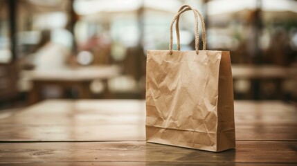 brown shopping bag on wood table blur background