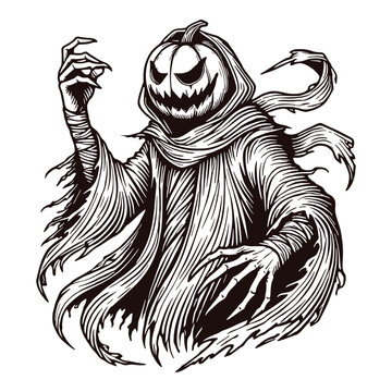 recommend clip art: Halloween Pumpkin Head Reaper Line Art. Cartoon Scary Character in Cloak with Scary Pumpkin Face. Creepy Surreal Horror Halloween High-Contrast Vector Illustration. Bold Black Jack-O-Lantern Logo	