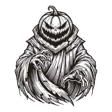 recommend clip art: Halloween Pumpkin Head Reaper Line Art. Cartoon Scary Character in Cloak with Scary Pumpkin Face. Creepy Surreal Horror Halloween High-Contrast Vector Illustration. Bold Black Jack-O-Lantern Logo	