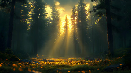Obraz premium Golden sunlight beams through tall trees in a dense forest.