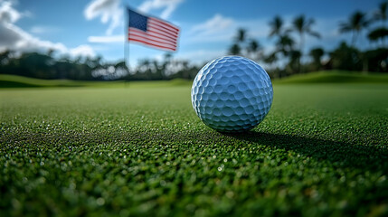 Obraz premium Golf ball on a green fairway with an American flag in the background.