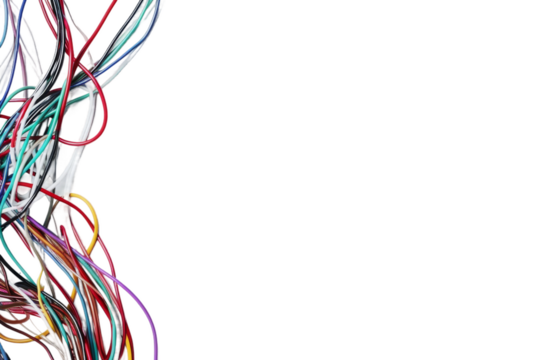A bunch of wires are tangled together on a white background