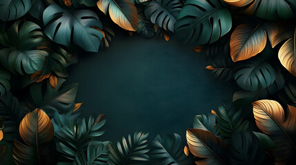 Green and gold tropical leaves frame a blank space on a dark background.