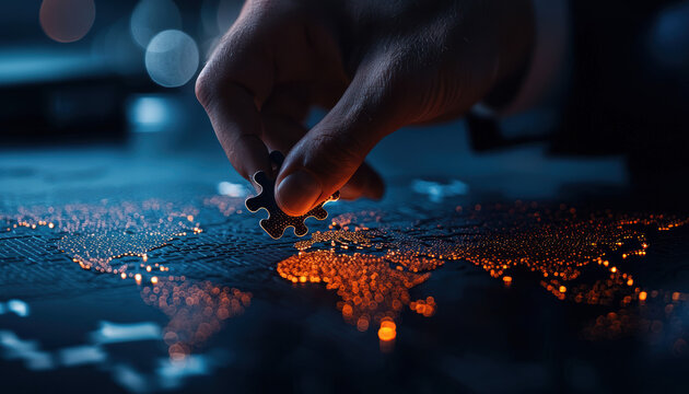Business leader adding a puzzle piece to a global network map, international expansion