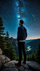 a man is looking at the beautiful light of the night sky with shining stars