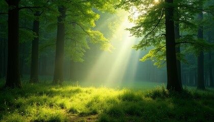 Obraz premium Sunlit Forest with Light Streaming Through Trees - Perfect for Nature and Landscape Photography