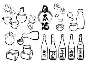 日本酒の手書き線画イラストセット