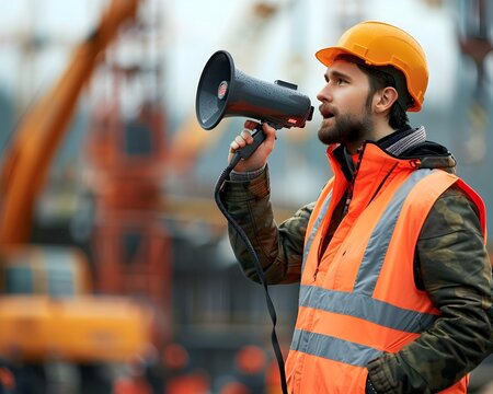 Construction Foreman Coordinating Workers with Megaphone at Building Site with Cranes and Machinery