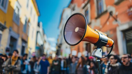 Political Candidate Delivering Speech through Megaphone in Town Square