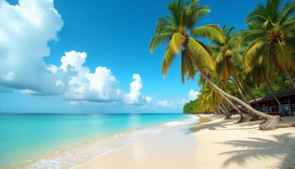 Obraz premium Serene Tropical Beach: Clear Turquoise Waters, Sandy Shore, and Lush Palm Trees