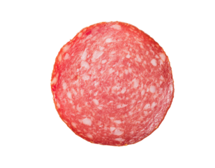 Salami scheibe isoliert auf weißen Hintergrund, Freisteller draufsicht