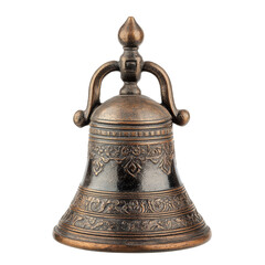 An antique bell with detailed engravings stands alone on a transparent background, highlighting its craftsmanship, bell on transparent background