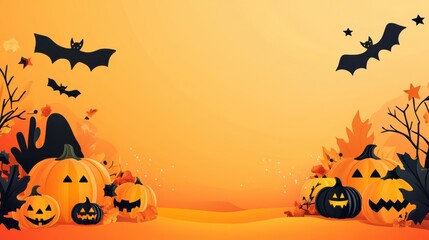 Halloween Pumpkin Jack O Lantern Background with Bats and Stars