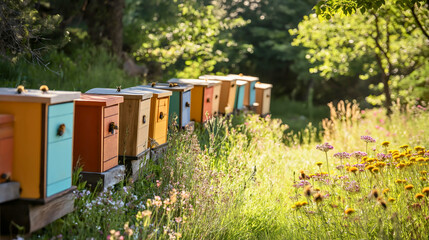 Wooden beehives, boxes for collecting organic homemade honey in sunny nature, forest during the spring season. Beekeeping and apiary, honeycomb and honeybee production, agriculture insect farm