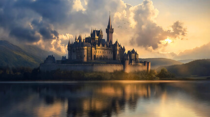 Naklejka premium Beautiful scenic, peaceful landscape view of a castle with medieval architectural style, palace, or fortress on an island or shore by a lake, with a clear sunny sky above, surrounded by forest nature
