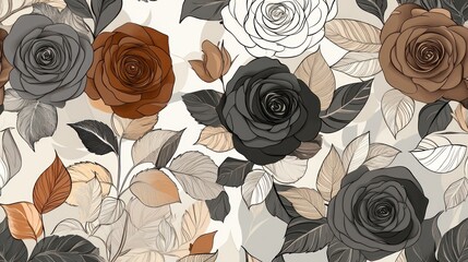 Elegant Floral Pattern with Rose Flowers and Leaves