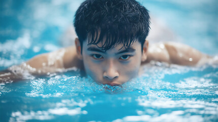 Professional male swimmer, handsome Asian man swimming, muscular sportsman or athletic-built sports athlete working out in the water, training in the pool. Healthy lifestyle, exercising and fitness.