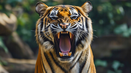 Close-up of an angry Siberian tiger roaring in a jungle forest or savanna, wildlife predator, a dangerous and scary big cat, wildcat with striped fur, powerful carnivore animal in natural environment © Stefan