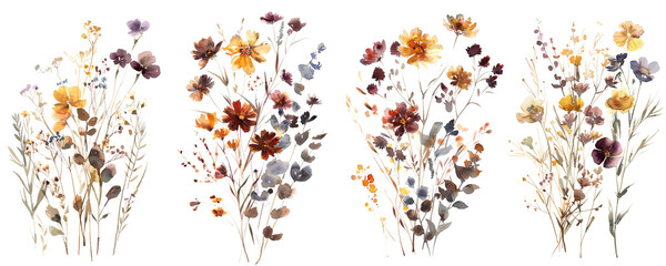 A set of watercolor floral bouquet illustrations featuring autumn-inspired colors, showcasing a mix of delicate flowers and foliage on a white background.