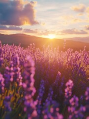 Naklejka premium Purple Lavender Field at Sunrise