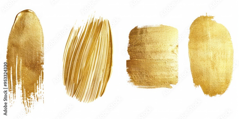 Wall mural set of four different gold paint brush stroke element graphic on white background