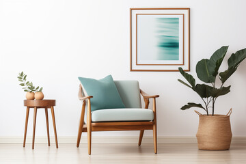 MidCentury Modern Living Room Interior with Armchair Plant and Side Table