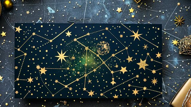 Explore the beauty of constellations with an intricate star map showcasing celestial patterns and ornaments in a dark blue setting
