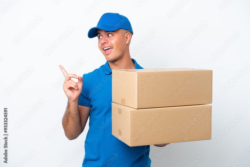 Wall mural Delivery caucasian man isolated on white background intending to realizes the solution while lifting a finger up