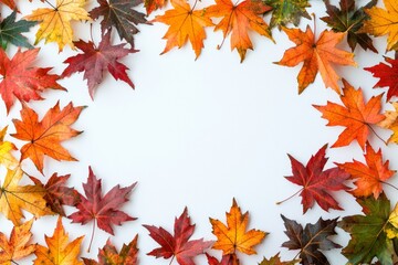 Fototapeta premium Autumn Maple Leaves Flat Lay White Background created with Generative AI