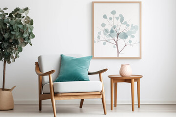Midcentury modern armchair with teal pillow and wooden side table