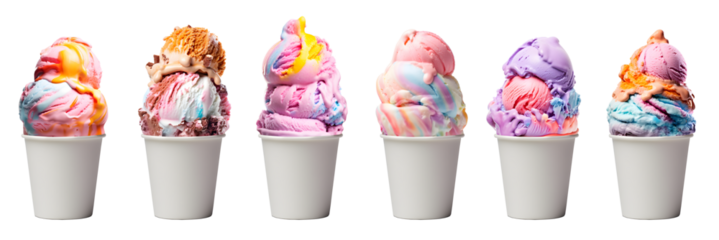 Pastel colourful rainbow Ice cream double triple scoop, white blank empty takeaway paper cup bowl on transparent background cutout, PNG file. Many different flavour Mockup template for artwork design