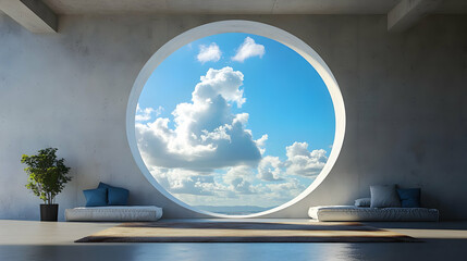 Minimalist interior with a circular window overlooking a blue sky with white clouds.