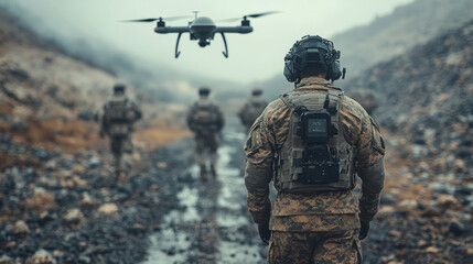 Fototapeta premium Soldiers controlling unmanned vehicles remotely, representing the shift towards safer and more efficient military tactics.
