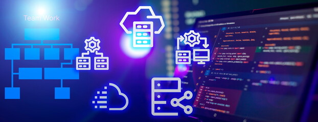 Concept of cloud computing technology. Protecting data and servers remotely. Network connection.