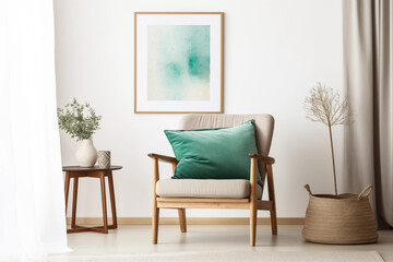 Modern Living Room Interior with Wooden Armchair Green Pillow and Abstract Painting
