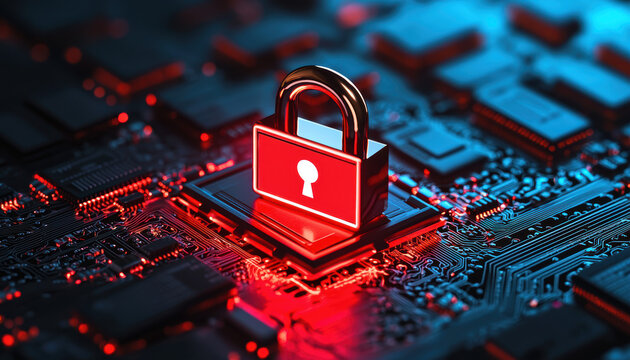 Close-up of a red padlock symbolizing cybersecurity on a computer circuit board with blue and red lighting.