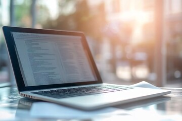 Obraz premium Modern laptop displaying code on a sunny day