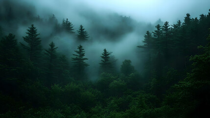 Misty forest with tall trees and green foliage.