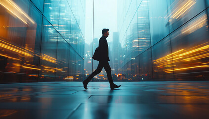 Obraz premium young man working in the corporation on daily basis, fast walking through the city.