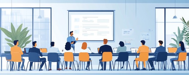 Business coach meeting with group of people in modern office interior. Team of workers listening to teacher's inspirational speech during creative business training class. Banner, Generative AI