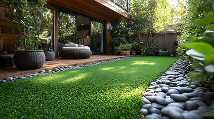 Modern backyard with artificial turf and stone border.