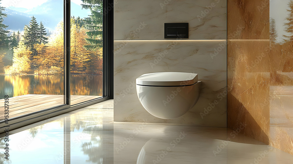 Canvas Prints Modern bathroom with a wall-mounted toilet and a view of a lake.