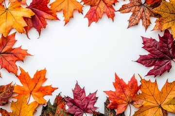 Fototapeta premium Autumn Maple Leaves Flat Lay White Background created with Generative AI
