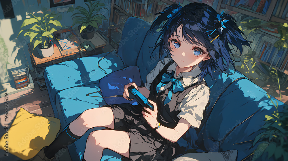 Poster shounen anime illustration, cute anime girl playing video game