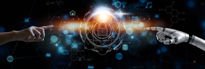 White cyborg finger about to touch a human finger in a 3D rendering, set against a big data network connection background, illustrating AI, machine learning, and advanced robotic technology.