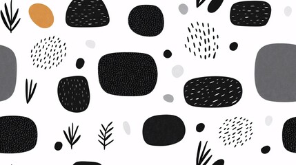 Abstract Black and White Seamless Pattern: A minimalist and modern design featuring a repeating pattern of black and white abstract shapes and dots, perfect for creating backgrounds, textiles, and oth