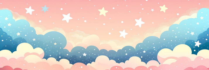 Fototapeta premium Cartoonish Sky Pattern with Fluffy Clouds and Stars. Cute Baby Background
