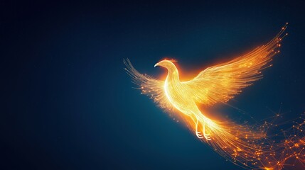 Golden phoenix of starry lines rising with a glowing white aura against a night sky, flying, dark blue backdrop, rebirth and mysticism in celestial form